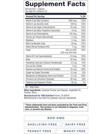 1MD Nutrition MultiVitMD Daily Multivitamin 19 Essential Vitamins & Minerals for Adults Over 55 | Supports Healthy Aging, Heart, Brain, Bone, & Immune Health | Designed for Absorption | 30 Capsules - Buy Online on GoSupps.com