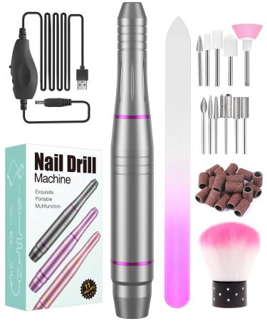 Electric Nail Files Professional Low Vibration Safe Nail Drill for Acrylic Nails 20000 RPM Adjustable Speed E File Mini Manicure Pedicure Set with 11 Drill Bits for Nail Beginner Tech Girl Grey