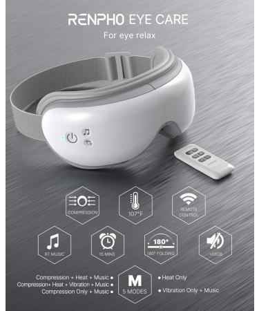 RENPHO Eye Massager for Migraines with Heat Compression, Remote Control, Bluetooth - Rechargeable Eye & Temple Massage Mask for Relaxing Eye Strain, Dark Circles, Bags, Dry Eyes - Improve Sleep | A-white - Buy Online on GoSupps.com