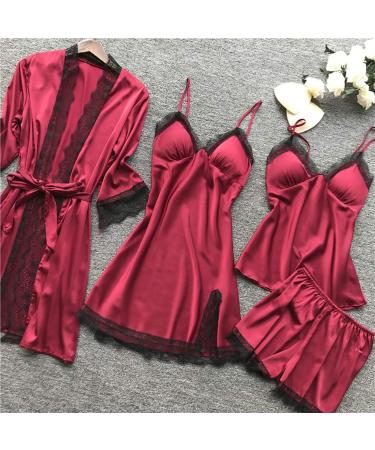 Red Satin Silk Pajama Set for Women - 4pcs Cami Top Shorts Nightgown Robe Sleepwear - Sexy & Cute Stain PJs - X-Large - Buy Online on GoSupps.com