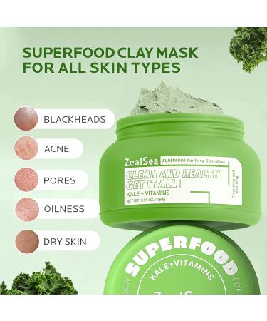 ZealSea Superfood Clay Mask for Face - Vegan Detox Mask with Vitamin C/E for Blackheads & Pore Cleansing - Kale Organic Kaolin Mud Mask for Women & Men - 5.29 oz - Buy Online on GoSupps.com
