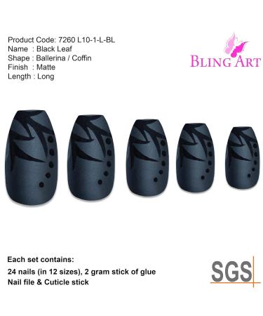 Bling Art Black Matte Ballerina Coffin False Nails - 24 Long Artificial Nails with Glue | International Shipping - Buy Online on GoSupps.com