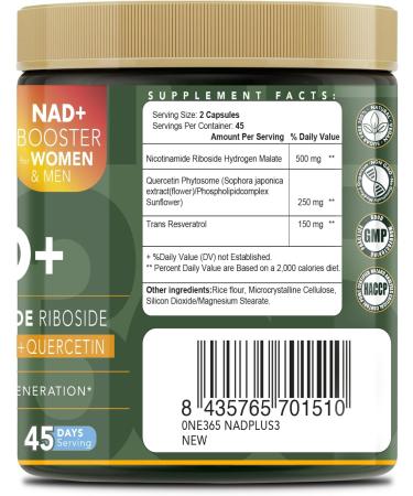 ONE 365 NAD + Supplement Liposomal Nicotinamide Riboside Resveratrol Quercetin Anti-Aging Antioxidant NAD Plus Booster Supplements for Women & Men Hair Skin Nails 90 Capsules NMN Alternative 800mg - Buy Online on GoSupps.com
