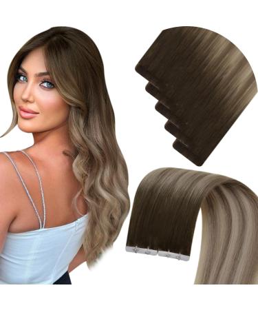 Laavoo virgin extensions real hair tape brown ombre hair extension real hair tape brown 45cm tape extensions real hair virgin seamless 12.5g dark brown balyage light brown blond #4/7/80 10pcs 45cm virgin-5pcs 4.7virgin #4/7/80