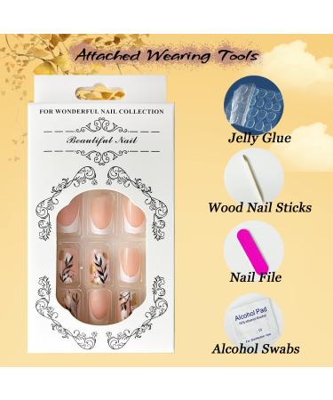 Medium Square French Tip Press on Nails with Fall Leaf Design - Glitter Acrylic False Nails for Women - Style 1 - Buy Online on GoSupps.com