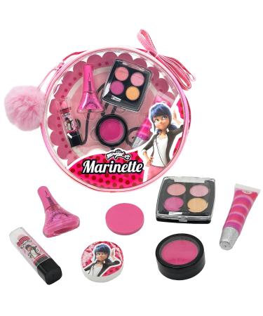 Miraculous Ladybug Kids Makeup Set - 10 Piece Bag with Nail Polish Hair Chalk Stickers & More - Safe Non-Toxic Pretend Play Cosmetics - Marinette Themed Makeup Kit for Children
