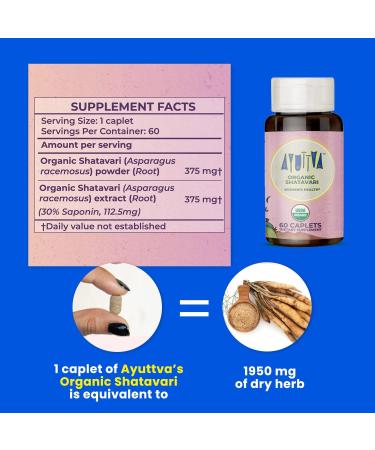 Ayuttva USDA Organic Shatavari Caplets for Women's Hormonal Support - 60 Caplets - Buy Online on GoSupps.com