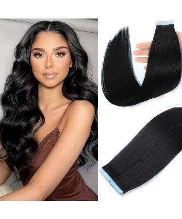 Tape in Hair Extensions Human Hair 100% Real Remy Human Hair 50g 20pcs/Set Brazilian Virgin Hair Straight Seamless Invisible Skin Weft Extensions (18 Inch #1Jet Black) 18 Inch #1 Jet Black