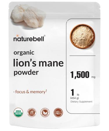 NatureBell Organic Lions Mane Powder 1,500mg Per Serving 1lb | Whole Fruiting Body & Mycelium Mushroom Source Focus Memory & Immune Health Supplement Non-GMO Vegan