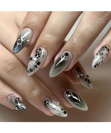 Medium Almond Press on Nails Punk Y2k Fake Nails Gradient Black Stick on Nails 3D Rhinestones Cool Butterfly Design Acrylic Nails Silver Chrome Full Cover Glossy False Nail for Women 24Pcs