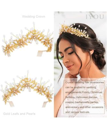 IYOU Bridal Wedding Headband Crown Gold Leaf Hair Bands Tiara Pearl Crystal Bridesmaid Bride Hair Accessories for Women - Buy Online on GoSupps.com