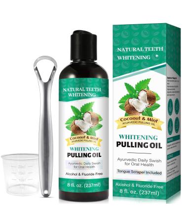 Coconut Oil Pulling for Teeth (8 fl.oz) | Cocomint Pulling Oil | Oil Pulling Mouthwash with Metal Tongue Scraper for Oral Health Teeth and Gums