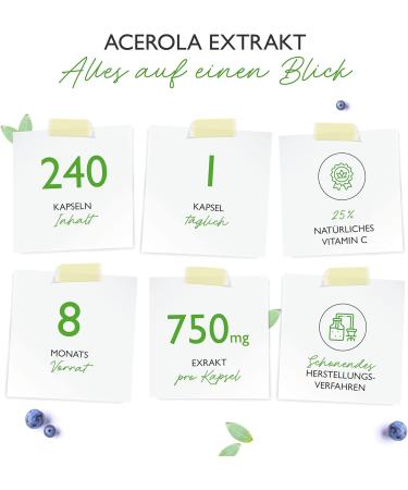 Acerola Capsules - High Dose 750mg Natural Vitamin C | 240 Vegan Capsules - Laboratory Tested No Additives - 8-Month Supply - Buy Online on GoSupps.com