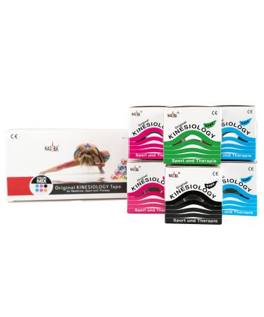 Nasara Original Kinesiology Physio Sport Tape: 6 -seater box with 6 tapes for sports and medicine roller size 5cm x 5m mix with gruen mix with green