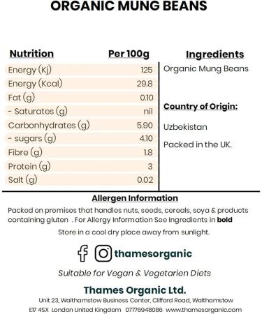 Organic Mung Beans 500g - High Fiber & Protein, Vegan & GMO-Free - Nutritious & Sustainable - Thames Organic - Buy Online on GoSupps.com