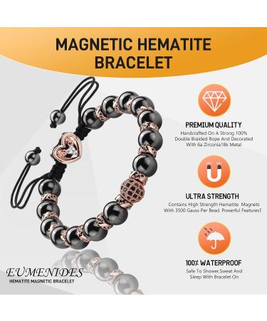 18k Gold Magnetic Hematite Bracelet - Eumenides Hematite Magnet Hard Band with Black Zirconia & Rose Gold Pearls - Eliminate Static Electricity - 8mm - Buy Online on GoSupps.com