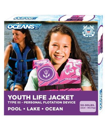Oceans7 US Coast Guard-Approved Youth Life Jacket 50-90 lbs -Type III PFD Flexible-Fit Open-Sided Design Personal Flotation Device  Pink/Berry
