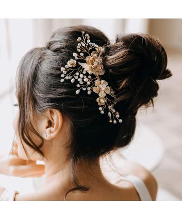 AW BRIDAL Bridal Hair Comb Pearl Flower Wedding Hair Pieces for Bride Hair Accessories Wedding Hair Comb Clips (Gold)