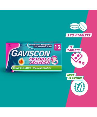 Gaviscon Double Action Tablets for Heartburn and Indigestion Mint Chewable Multipack of 5 x 12 Tablets Total 60 Tablets - Buy Online on GoSupps.com