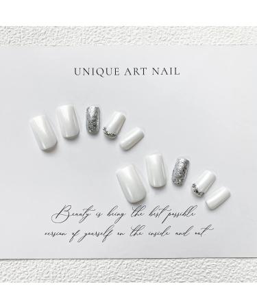 24Pcs Short Square White Press on Nails with Silver Sequin Design - Rhinestone Acrylic False Nails for Women and Girls | Glossy Full Cover Artificial Nails (Style 10) - Buy Online on GoSupps.com