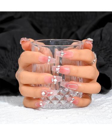Sethexy Long Coffin False Nails - Handmade Color Gradient with 3D Crystal Love Heart Chains | International Shipping - Buy Online on GoSupps.com