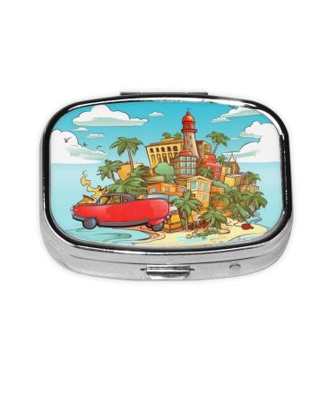 Island of Cuba Printing 2 Compartment Small Pill Case Cute Small Pill Box Purse Pill Boxs Travel Pill Organizer for Pocket Purse and Travel Gifts