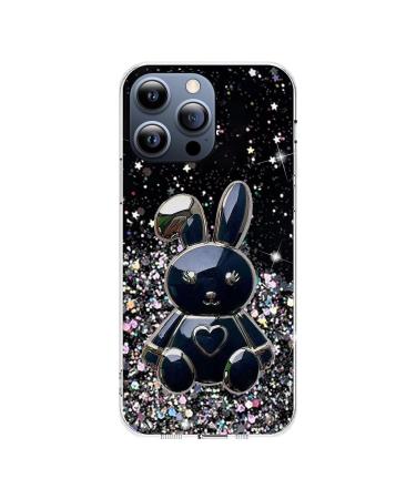Miagon Rabbit Glitter Stand Case for iPhone 15 Pro Max Bling Transparent Soft TPU Protective Slim Shockproof Cover with Heart Bunny Holder Kickstand iPhone 15 Pro Max Black