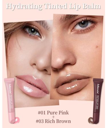 Tinted Lip Balm-2Pcs Pink Brown Peptide Hydrating Lip Tint Moisturizer Jelly Lip Treatment Balm Non-Stick Glow Reviver Lip Care Oil Yummy Glowy Lip Gloss Christmas Makeup for Women-01+03 #01+#03 - Buy Online on GoSupps.com