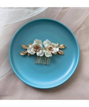 Resweky Bride Wedding Flower Hair Comb Gold Leaf Bridal Hair Pieces Floral Hair Side Comb Bride Hair Accessories for Women and Girls - Buy Online on GoSupps.com