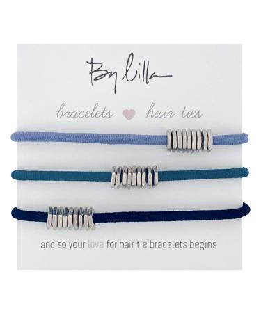 By Lilla Mini Hex Ponytails Hair Ties and Bracelets - Set of 3 Hair Tie Bracelets - Hair Ties for Women - No Crease Hair Ponytails & Women s Bracelets - Silver (Dusk Blue/Mn Blue/Navy)