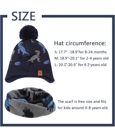 XIAOHAWANG Knitted Baby Hat with Fleece Lining and Pompom for Boys and Girls - Navy Dinosaur Hat+Scarf | Ages 4-7 - Buy Online on GoSupps.com