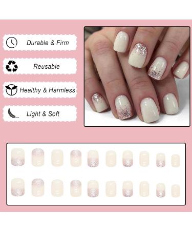 24Pcs Short Square French Tips Glitter Fake Nails | Elegant Designs | Reusable Stick-On Nails for Women and Girls - Buy Online on GoSupps.com