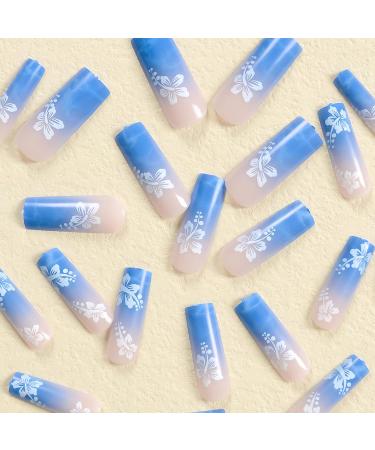 Shop Blue Gradient Press on Nails - Long Square Glossy Ocean Sea Design | 24pcs Luxury Fake Nails for Women & Girls - Buy Online on GoSupps.com