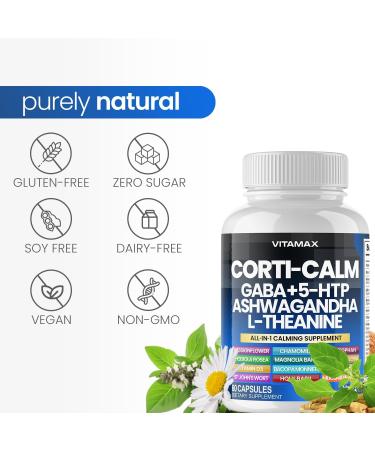 Corti-Calm Cortisol Supplement L Theanine Ashwagandha Vitamin D 3 GABA for Relaxation Fatigue & Focus with Ginkgo Biloba Bacopa Monnieri 5-HTP Non-GMO Made in USA 60ct - Buy Online on GoSupps.com