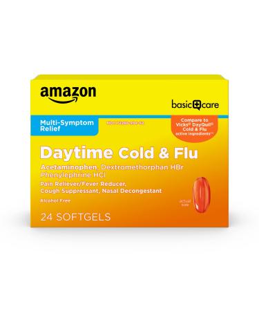 Amazon Basic Care Daytime Cold and Flu Relief Softgels, Non-Drowsy Cold Medicine, Relief of Pain, Fever, Cough, Sore Throat, Nasal Congestion, 24 Count