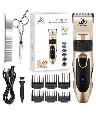 Bonve Pet Dog Clippers Professional Dog Grooming kit Low Noise Rechargeable Cordless Pet Grooming Clippers&Dog Grooming Accessories for Dog Clippers Cat Clippers and for Other Pets Gold