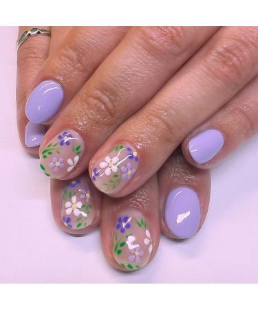 24Pcs Press On Nails - Purple False Nails Short Length - Fake Nails with Flower Design - Square False Nails with Glue - Fashion Cute Fake Nails for Women Girls Purple Flower