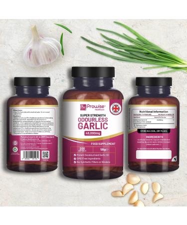Premium Odourless Garlic Capsules - High Strength 45 000mg - 200 Softgels - Deodourised Premium Garlic Oil Extract from Allium Sativum - Made in UK by Prowise - Buy Online on GoSupps.com