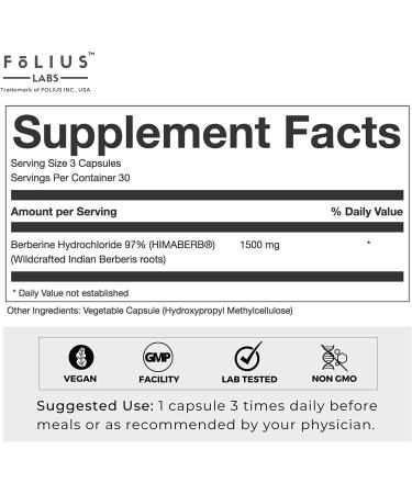 Folius Labs Berberine Supplement 500mg | Clean Label HIMABERB | Himalayan 97% Berberine Hydrochloride | 90 Capsules - Buy Online on GoSupps.com