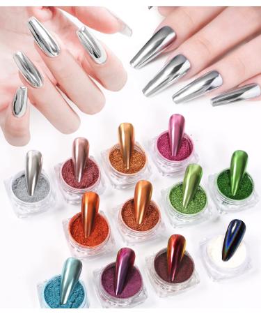 12 Jar Pearl Powder Nail Chrome Set - Rose Gold Purple Holographic Glitter & 8 Eyeshadow Brushes | Reflective Mirror Effect - Buy Online on GoSupps.com