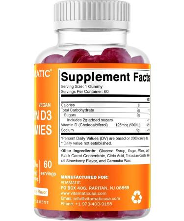Vitamatic Vitamin D3 Gummies - 5000 IU - 60 Vegan Gummies - Supports Bone Health & Immune Function - Buy Online on GoSupps.com