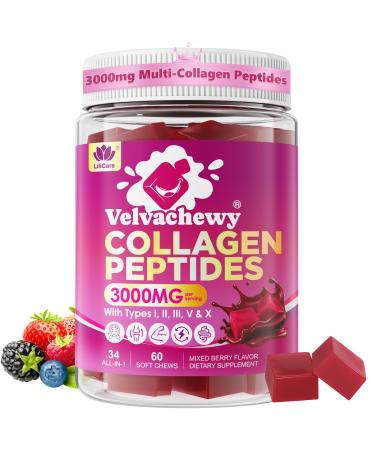 Collagen Gummies + Biotin Soft Chews 3000mg for Women & Men Ultra Hydrolyzed Collagen Peptides Boosting Type I II III V X Vitamin C E Anti-Aging Formula for Hair Skin & Nails Digestion Bone 60Ct