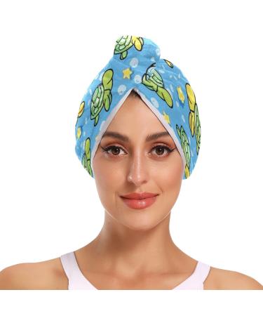 Small Green Turtles Hair Towel 2 Pack Super Absorbent Hair Drying Towel Quick Dry Hair Turbans Head Towel with Button Twisty Wrap for Women Girls