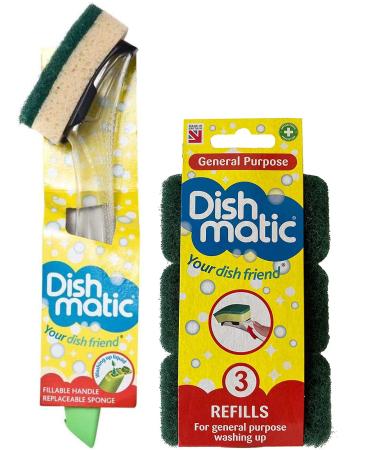 Dishmatic Fillable Washing up Brush and Sponge - Easy Grip Dish Cleaner +1 Bonus Refill - with 3X Dishmatic General Purpose Brush Sponge Refills Dishmatic Brush + 3X Refills - Buy Online on GoSupps.com
