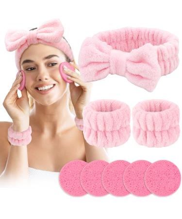 WHAVEL 3PCS Spa Headband and Wristband Set  Face Wash Headband Facial Skincare Headbands Makeup Hair Band Wrist Towels Wrist Bands for Washing Face  with 5PCS Facial Sponges (Pink)