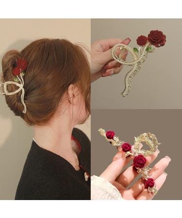 2PCS Metal Velvet Rose Hair Clips Non-Slip Flower Pearl Hairpin Decorations Thick Long Hair Jaw Clips Hair Accessories for Women and Girls
