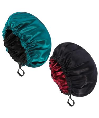 Fuyamp 2 Packs Satin Sleep Cap Adjustable Silky Sleep Bonnet for Women Long Curly Hair Double-Sided Waterproof Satin Hair Cap Extra Large Sleep Satin Bonnet for Women Girls Sleeping Red+Lake Green