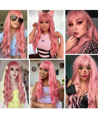 AISI BEAUTY Pink Wig with Bangs - 24 Inch Synthetic Long Wavy Pink Wig for Women - Halloween Cosplay Party Hairpiece - Buy Online on GoSupps.com