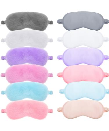 12 Pcs Sleeping Mask Set 6 Plush Sleep Masks and 6 Silk Eye Covers Adjustable Furry Eye Masks Satin Blindfold for Sleepover Birthday Party Favor Women Men (Light Color)