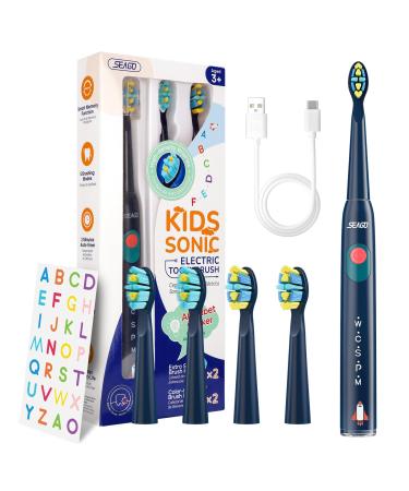 Seago Kids Electric Toothbrushes Rechargeable Children's Power Toothbrushes with Funny DIY Stickers 2 Mins Smart Timer 4 Replacement Brush Heads for Ages 3-12 Boys Girls SG2303(Navy)